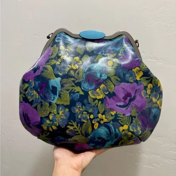 Original Design! Cowhide Leather Floral Print Handmade Metal Frame Slouchy Bag - Picture 10 of 16